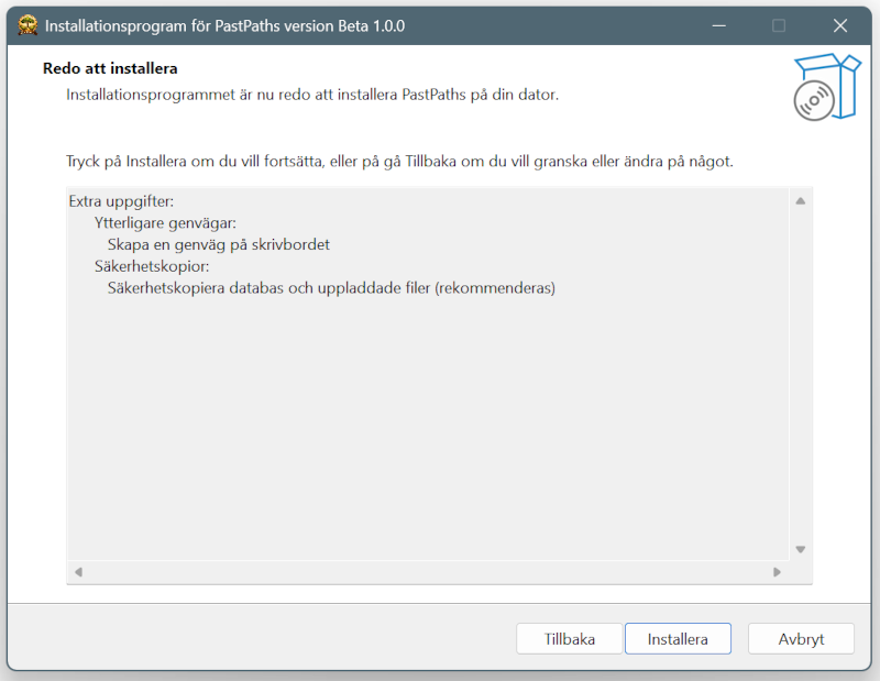 Sammanfattning av installationsinställningar